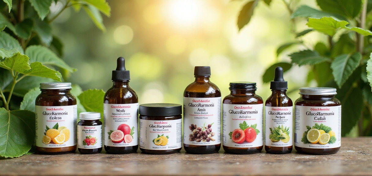 Różnorodne produkty Glucoharmoniapro na tle zielonych liści